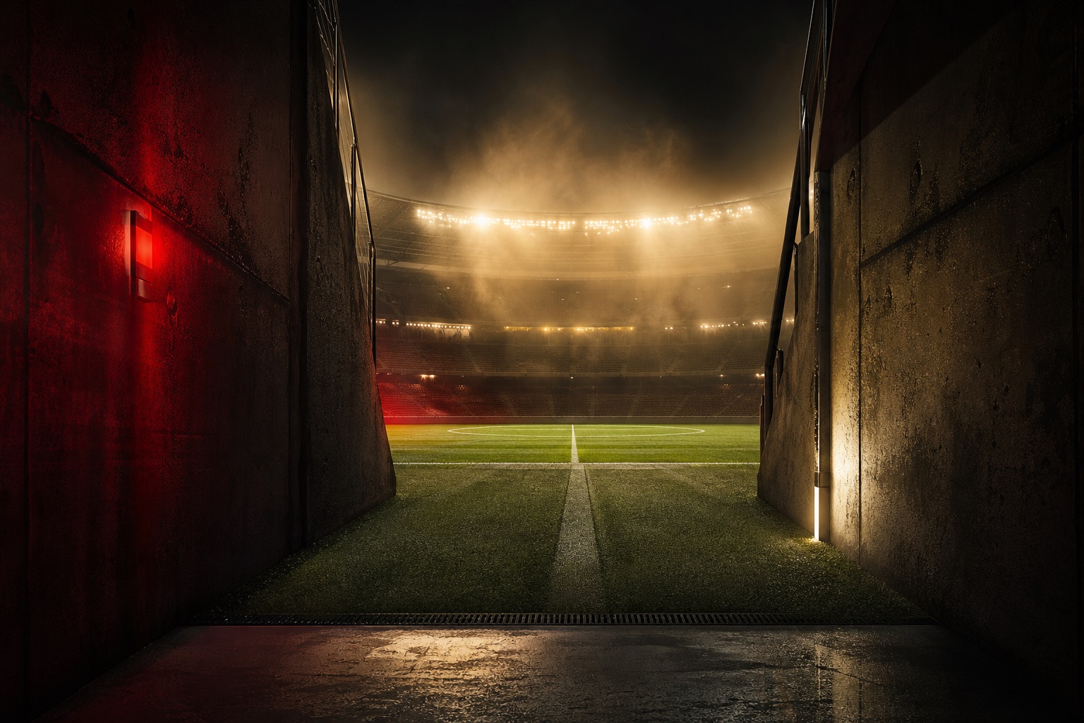 The view through a football stadium tunnel toward the pitch